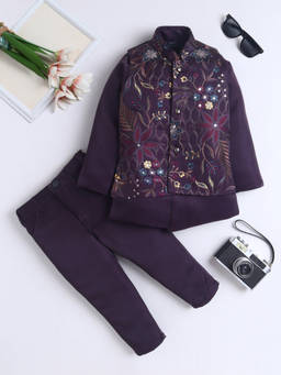 FOURFOLDS - Boy's Polyester Embroidered Wine Sherwani With Pant And Waistcoat