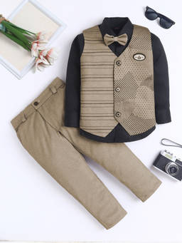 FOURFOLDS - Boy's Cotton Blend Printed Brown Waistcoat With Shirt And Pant And Bowtie
