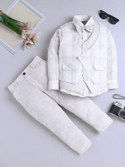 FOURFOLDS - Boy's Cotton Blend Checks Off White Waistcoat With Shirt And Pant And Bowtie