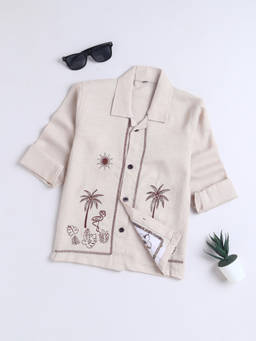 FOURFOLDS - Boy's Cotton Blend Embroidered Beige Shirt