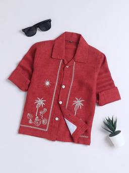 FOURFOLDS - Boy's Cotton Blend Embroidered Red Shirt