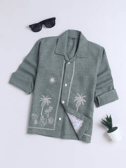 FOURFOLDS - Boy's Cotton Blend Embroidered Green Shirt