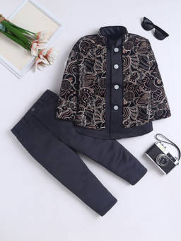 FOURFOLDS - Boy's Velvet Embroidered Brown Sherwani With Pant And Jacket