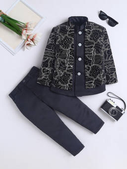 FOURFOLDS - Boy's Velvet Embroidered Green Sherwani With Pant And Jacket