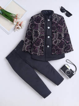 FOURFOLDS - Boy's Velvet Embroidered Purple Sherwani With Pant And Jacket