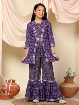 FASHION DREAM - Girl's Cotton Blend Printed Purple Kurta With Sharara