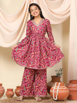 FASHION DREAM - Girl's Cotton Blend Printed Pink Kurta With Palazzo