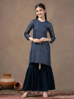FASHION DREAM - Girl's Georgette Printed Navy Blue Kurta With Sharara