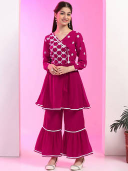 FASHION DREAM - Girl's Georgette Embroidered Pink Kurta With Sharara