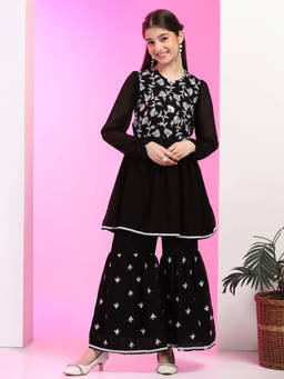 FASHION DREAM - Girl's Georgette Embroidered Black Kurta With Sharara