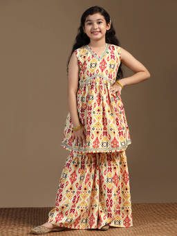 FASHION DREAM - Girl's Cotton Blend Printed Yellow Kurta With Sharara
