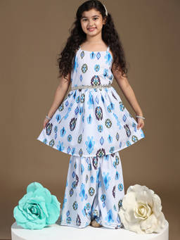 FASHION DREAM - Girl's Cotton Blend Printed Blue Kurta With Sharara