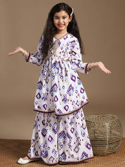 FASHION DREAM - Girl's Cotton Blend Printed White Kurta With Sharara