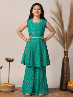 FASHION DREAM - Girl's Georgette Printed Teal Kurta With Sharara