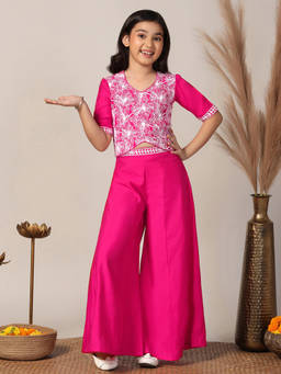 FASHION DREAM - Girl's Silk Blend Embroidered Pink Top With Palazzo