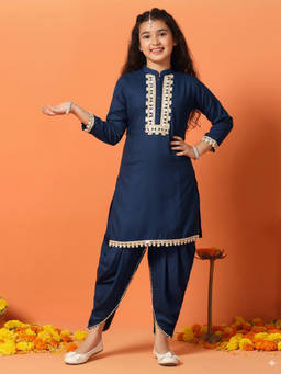 FASHION DREAM - Girl's Silk Blend Embroidered Blue Kurta With Dhoti