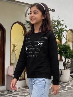 Lil Tomatoes - Girl's Terry Typographic Print Black Sweatshirt