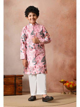 Indi-Loom Couture - Boy's Poly Silk Floral Peach Kurta With Pajama