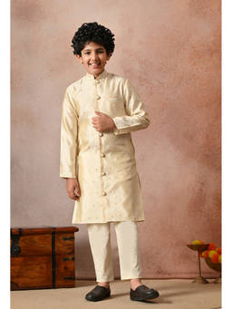 Indi-Loom Couture - Boy's Poly Silk Printed Off White Kurta With Pajama