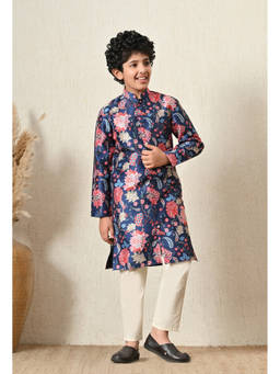 Indi-Loom Couture - Boy's Poly Silk Floral Navy Blue Kurta With Pajama