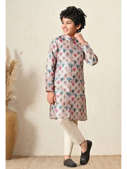 Indi-Loom Couture - Boy's Poly Silk Printed Multicolor Kurta With Pajama