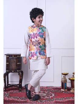 Indi-Loom Couture - Boy's Cotton Floral Multicolor Kurta With Pajama And Jacket