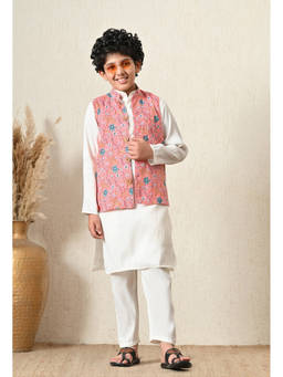 Indi-Loom Couture - Boy's Cotton Floral Peach Kurta With Pajama And Jacket