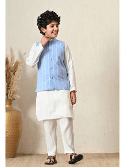 Indi-Loom Couture - Boy's Cotton Stripes Blue Kurta With Pajama And Jacket