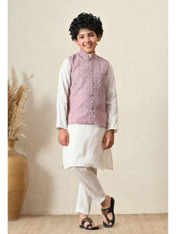 Indi-Loom Couture - Boy's Cotton Stripes Mauve Kurta With Pajama And Jacket