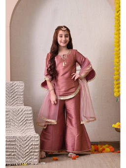 Indi-Loom Couture - Girl's Poly Silk Embellished Mauve Tunic With Palazzo And Dupatta