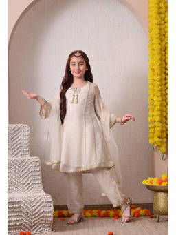 Indi-Loom Couture - Girl's Solid Off White Anarkali Kurta With Pant And Dupatta