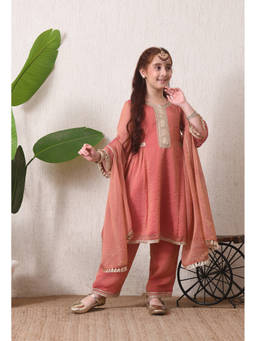 Indi-Loom Couture - Girl's Embellished Rust Anarkali Kurta With Pant And Dupatta
