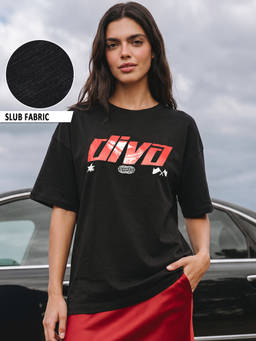 Bewakoof - Women Black Diva Typography Oversized T-Shirt