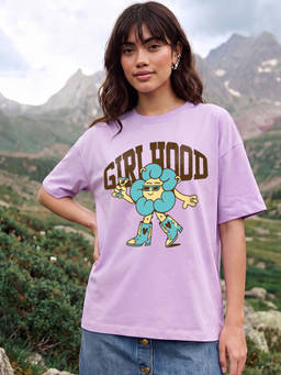 Bewakoof - Women Lavender Girlhood Graphic Printed Oversized T-Shirt