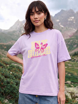 Bewakoof - Women Lavender Fly High Typography Oversized T-Shirt
