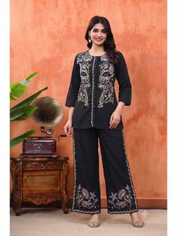 Cloth Bites - Women Black Embroidered Pure Cotton Top with Trousers