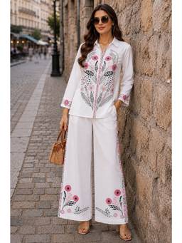 Cloth Bites - Women White Embroidered Top with Trousers