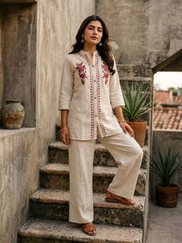 Cloth Bites - Women Off White Embroidered Top with Trousers