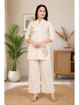 Cloth Bites - Women Off White Embroidered Top with Trousers