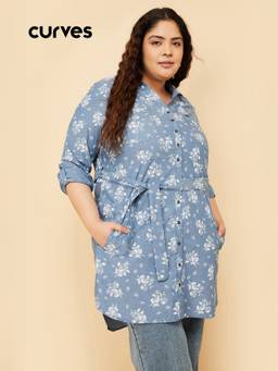 max - Women Blue Floral Print Shirt Dress with Belt