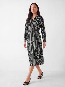 max - Women Black Printed Belted Shirt Dress with Belt