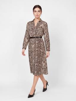 max - Women Brown Printed Belted Shirt Dress with Belt