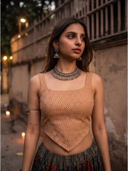 The Suitable - Women Beige Pure Cotton Zigzag Print Square Neck Corset Top