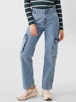 max - Women Blue Washed Cargo Jeans