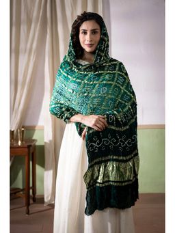 VASTRA RAAG - Bottle Green Ombre Dyed Garchola Bandhani Modal Silk Dupatta with Zari Lagdi Patta