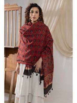 VASTRA RAAG - Red Ajrakh Hand Block Printed Cotton Dupatta