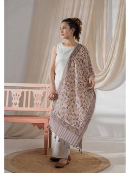VASTRA RAAG - Cream Ajrakh Hand Block Printed Handloom Cotton Dupatta