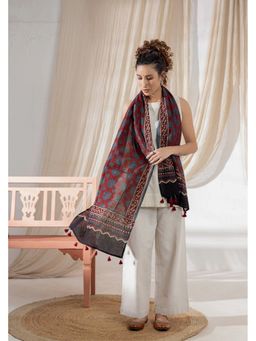 VASTRA RAAG - Maroon Ajrakh Hand Block Printed Handloom Cotton Dupatta