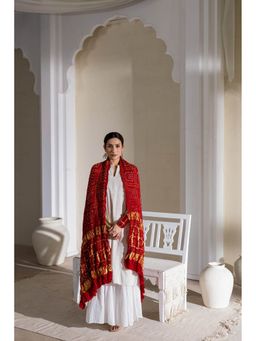 VASTRA RAAG - Red Pure Modal Silk Bandhani Checks Pallu Dupatta with Zari Lagdi Patta