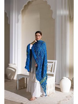VASTRA RAAG - Blue Pure Modal Silk Bandhani Checks Pallu Dupatta with Zari Lagdi Patta
